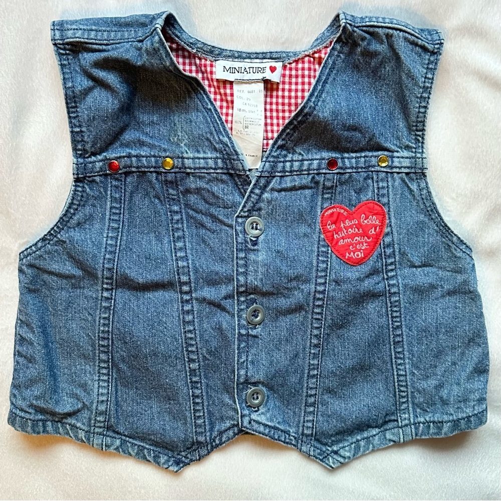 Vtg Miniature 18M Jean Denim Vest Red Heart Gems Button Up Baby Girl France